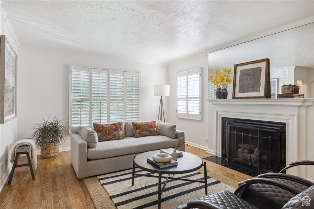 Living room with baseboards, wood finished floors, a fireplace with flush hearth, and ornamental molding