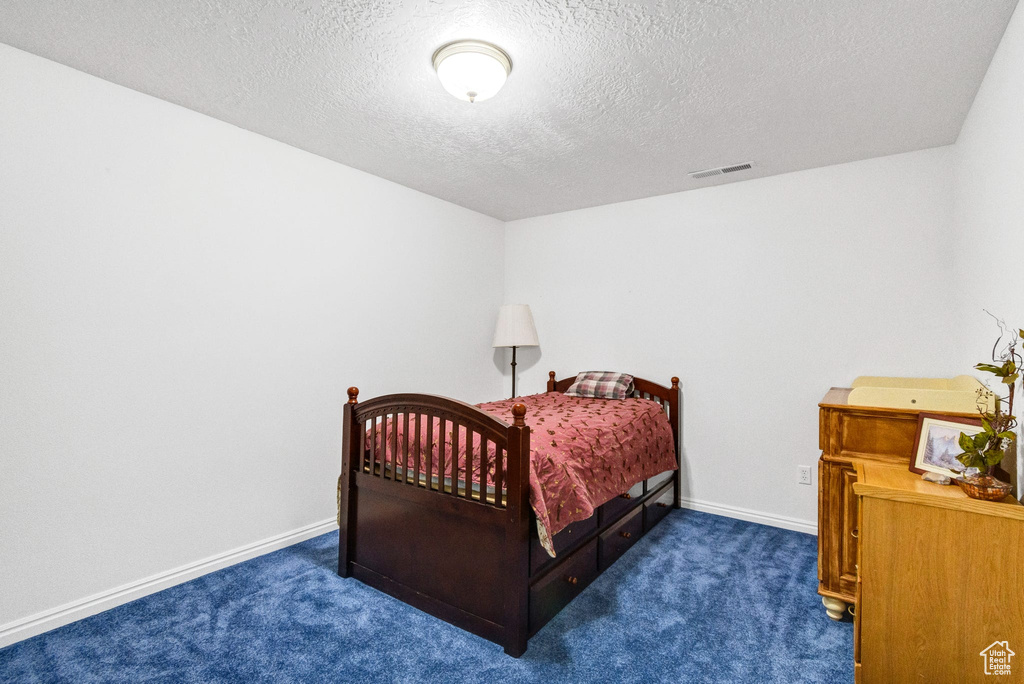 Carpeted bedroom with a textured ceiling and baseboards