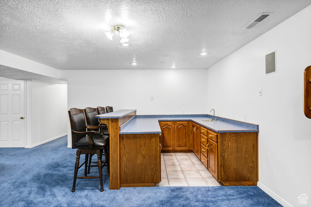 Indoor bar with a textured ceiling, light colored carpet, baseboards, and recessed lighting