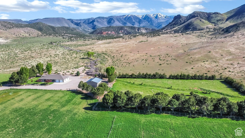 Overview of rural landscape featuring a mountainous background