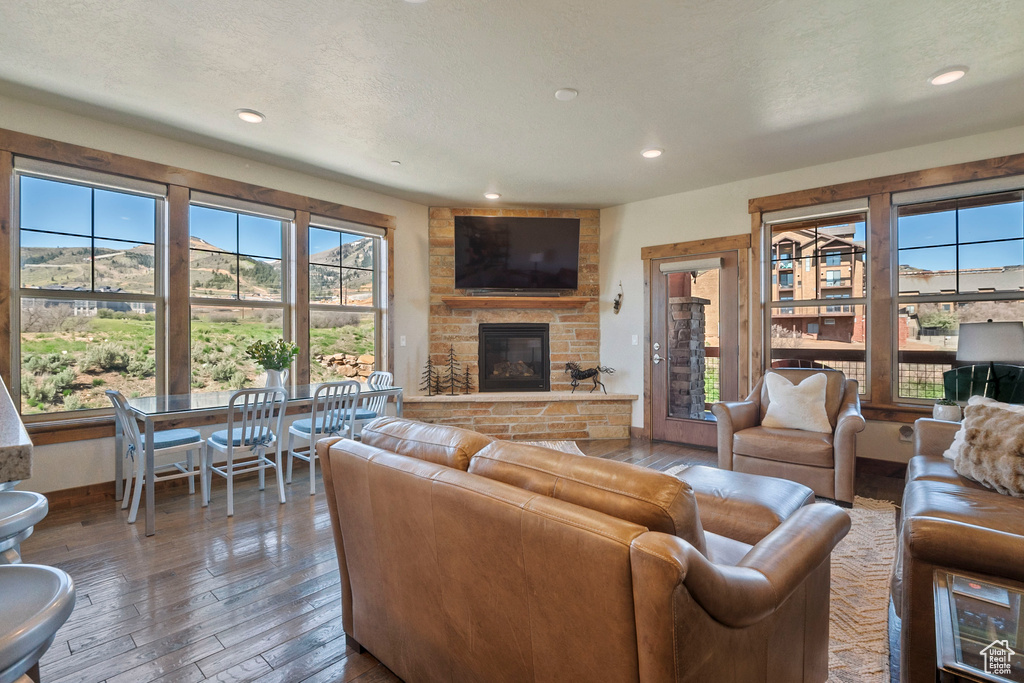 Living room featuring a stone fireplace, wood-type flooring, recessed lighting, and baseboards