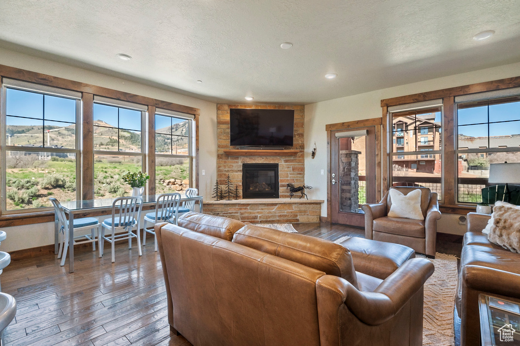Living area featuring a stone fireplace, hardwood / wood-style flooring, recessed lighting, and baseboards