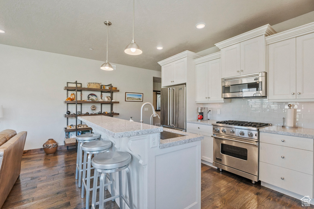 Kitchen featuring premium appliances, dark wood-style floors, a sink, decorative backsplash, and white cabinetry
