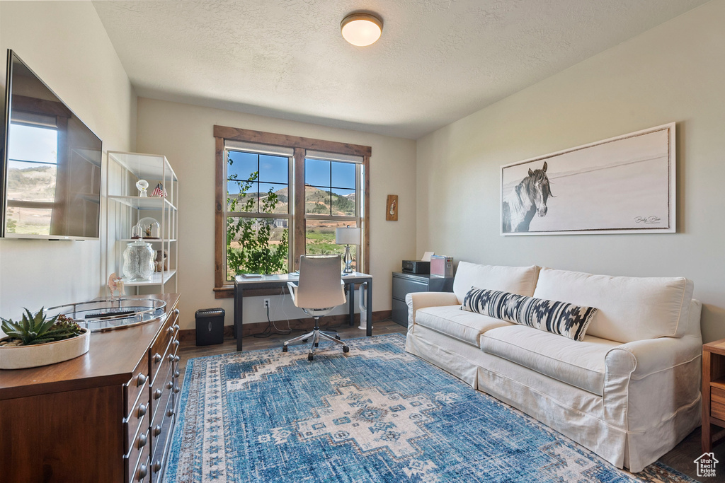 Home office featuring baseboards, a textured ceiling, and wood finished floors