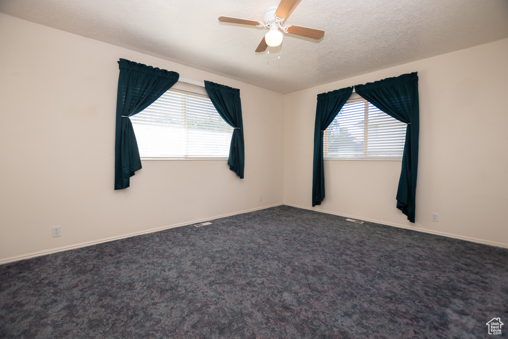 Unfurnished room featuring a ceiling fan, healthy amount of natural light, carpet flooring, and a textured ceiling