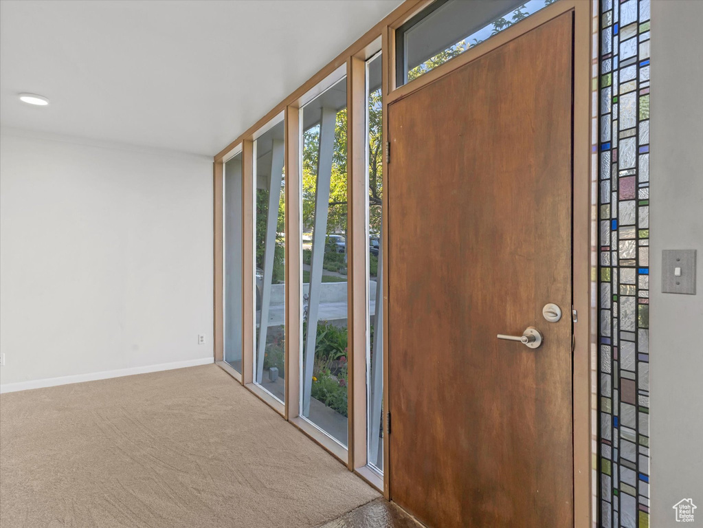 Doorway featuring baseboards, plenty of natural light, and carpet flooring