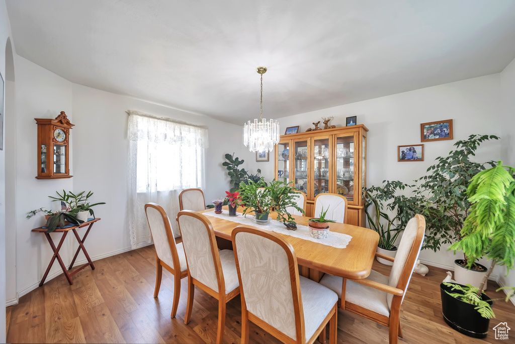 Dining space featuring light wood finished floors, a chandelier, and baseboards