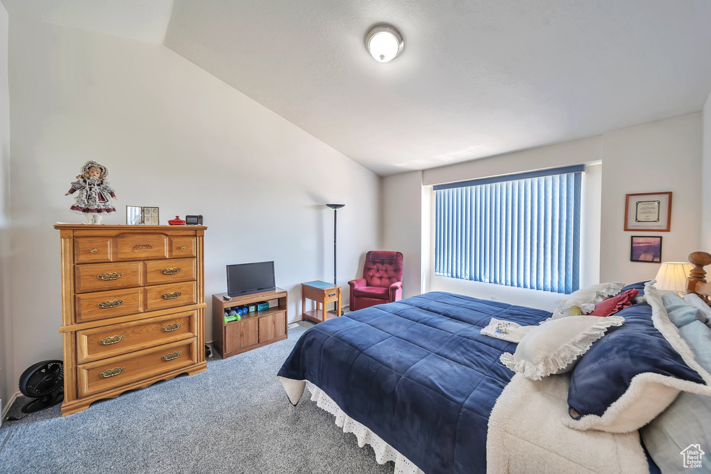 Bedroom with carpet flooring and vaulted ceiling