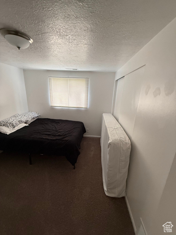 Carpeted bedroom featuring a textured ceiling, baseboards, and a closet