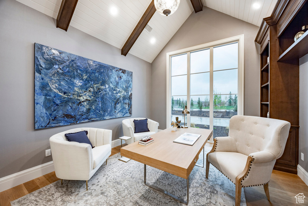 Office area featuring beamed ceiling, wood finished floors, baseboards, recessed lighting, and high vaulted ceiling