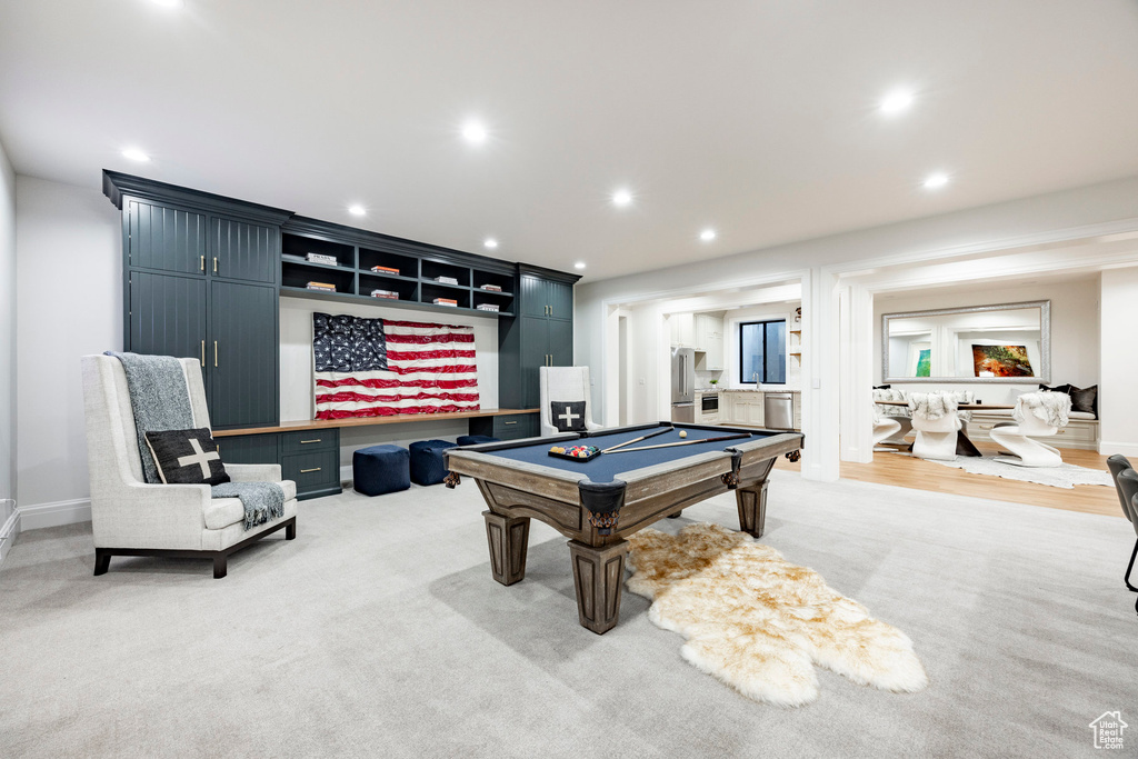 Playroom with pool table, light colored carpet, recessed lighting, and baseboards
