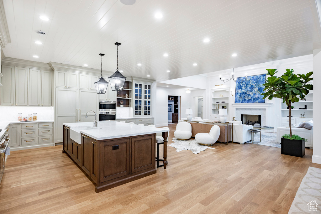 Kitchen featuring a sink, light wood finished floors, dark brown cabinets, and recessed lighting