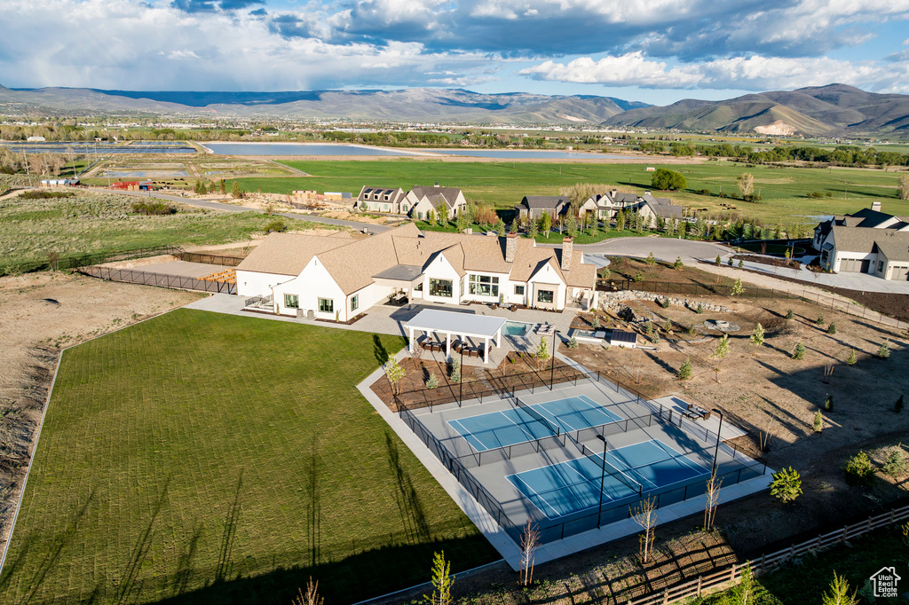 Aerial view of a water and mountain view