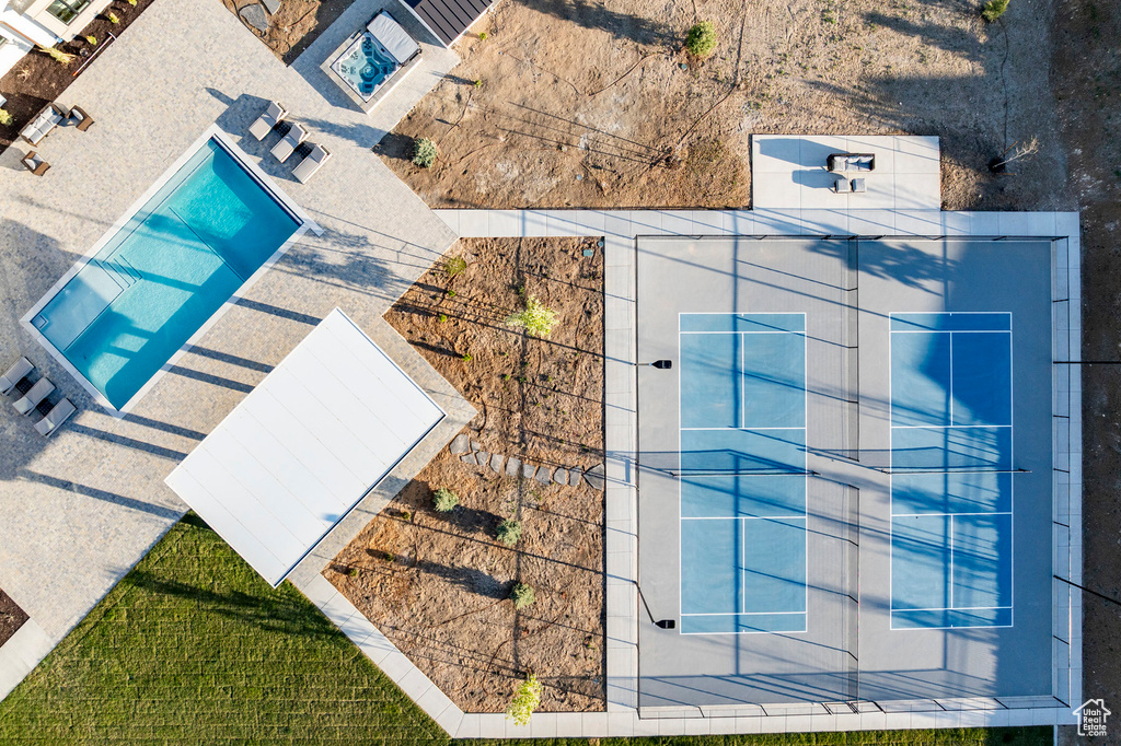 Drone / aerial view of a pool area