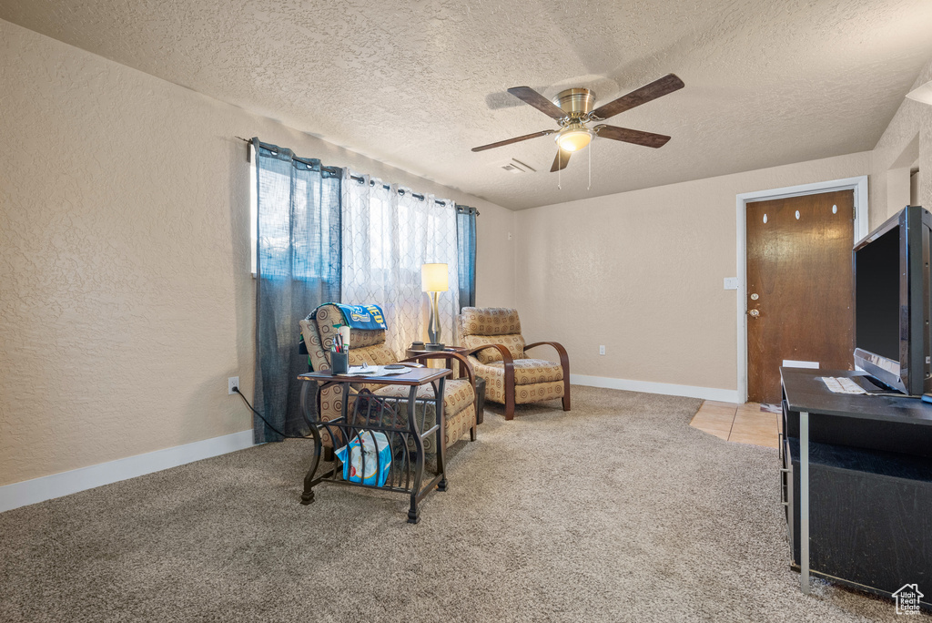 Sitting room with carpet floors, a textured ceiling, a ceiling fan, a textured wall, and baseboards