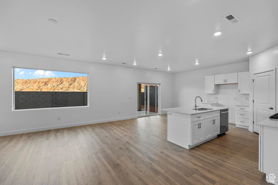 Kitchen featuring a sink, open floor plan, dishwasher, wood finished floors, and white cabinets