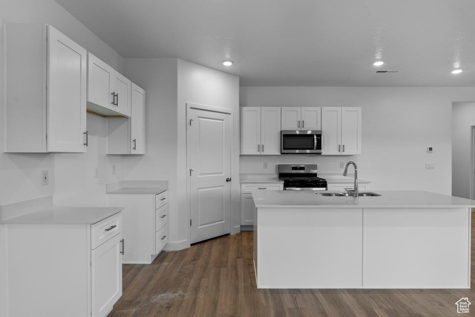 Kitchen with stainless steel appliances, a sink, dark wood finished floors, white cabinets, and recessed lighting