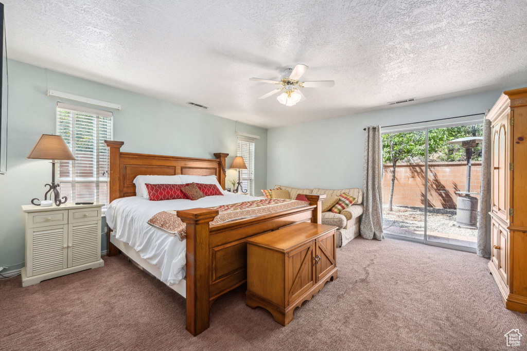 Bedroom with access to exterior, multiple windows, light colored carpet, and a textured ceiling