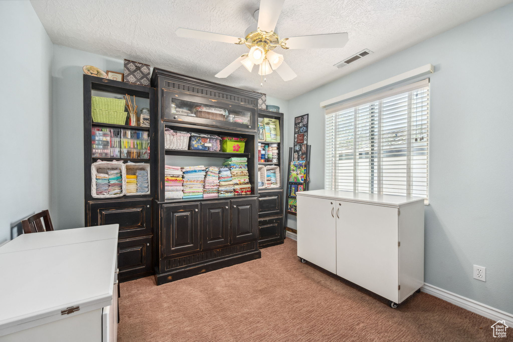 Office area featuring light colored carpet, ceiling fan, a textured ceiling, and baseboards