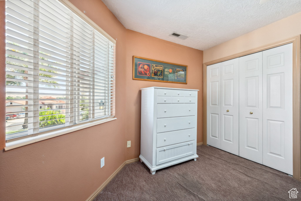 Bedroom featuring carpet flooring, a closet, baseboards, and a textured ceiling