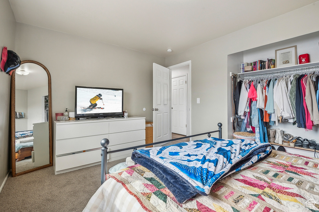 Bedroom with a closet and carpet floors
