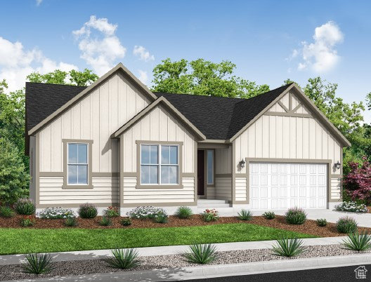 View of front of home featuring board and batten siding, a garage, roof with shingles, and concrete driveway