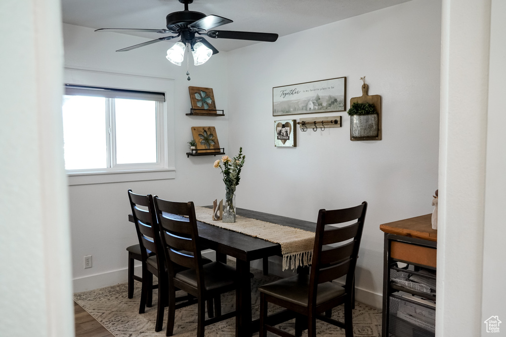 Dining area with ceiling fan, baseboards, and wood finished floors