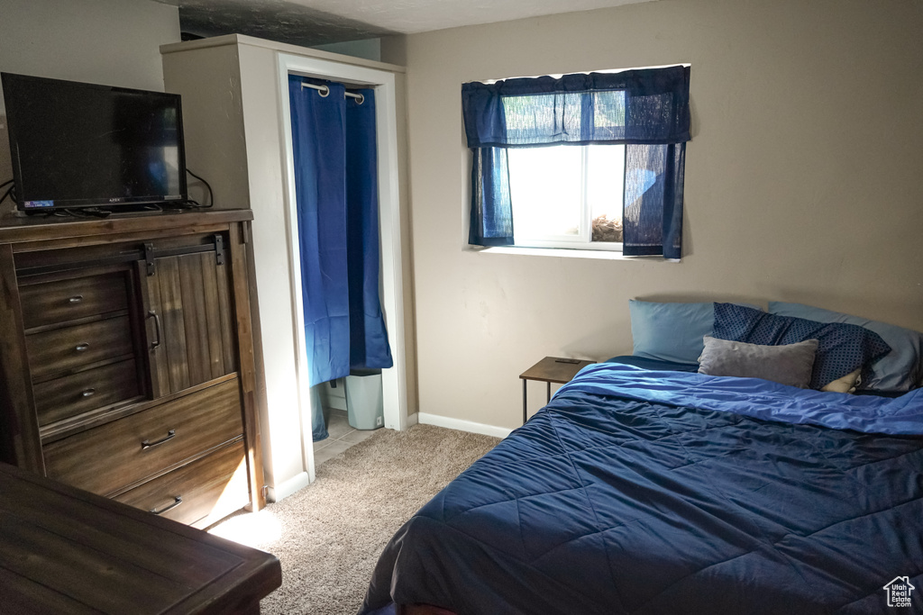 Bedroom with carpet floors and baseboards