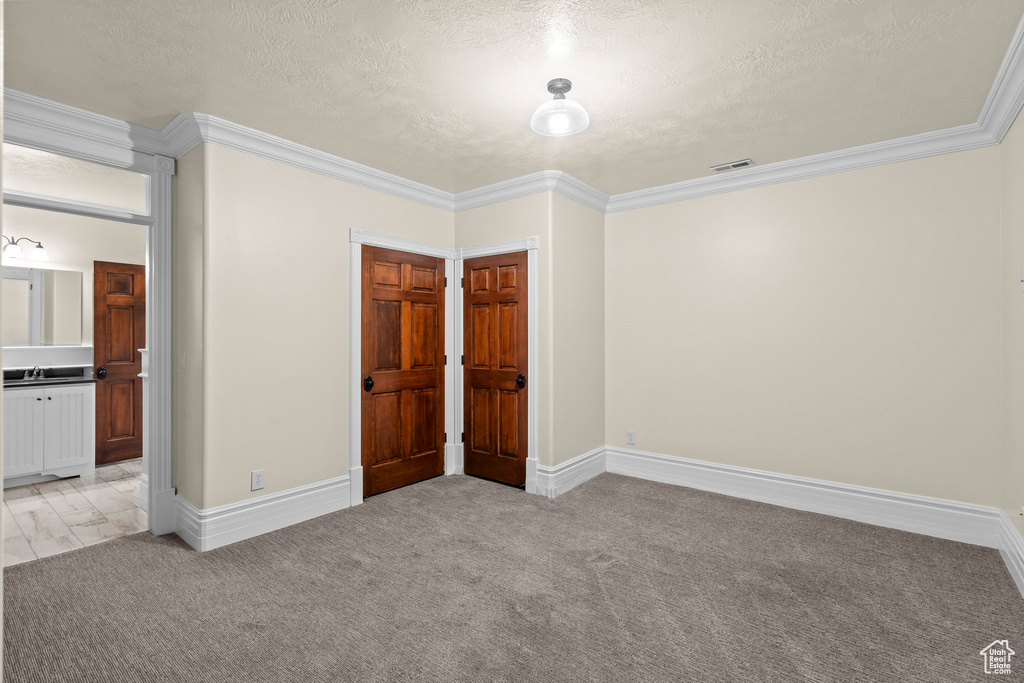 Unfurnished bedroom featuring a textured ceiling, light carpet, crown molding, a sink, and baseboards