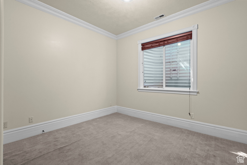 Carpeted spare room featuring ornamental molding and baseboards