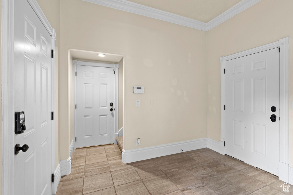 Entrance foyer with ornamental molding and baseboards