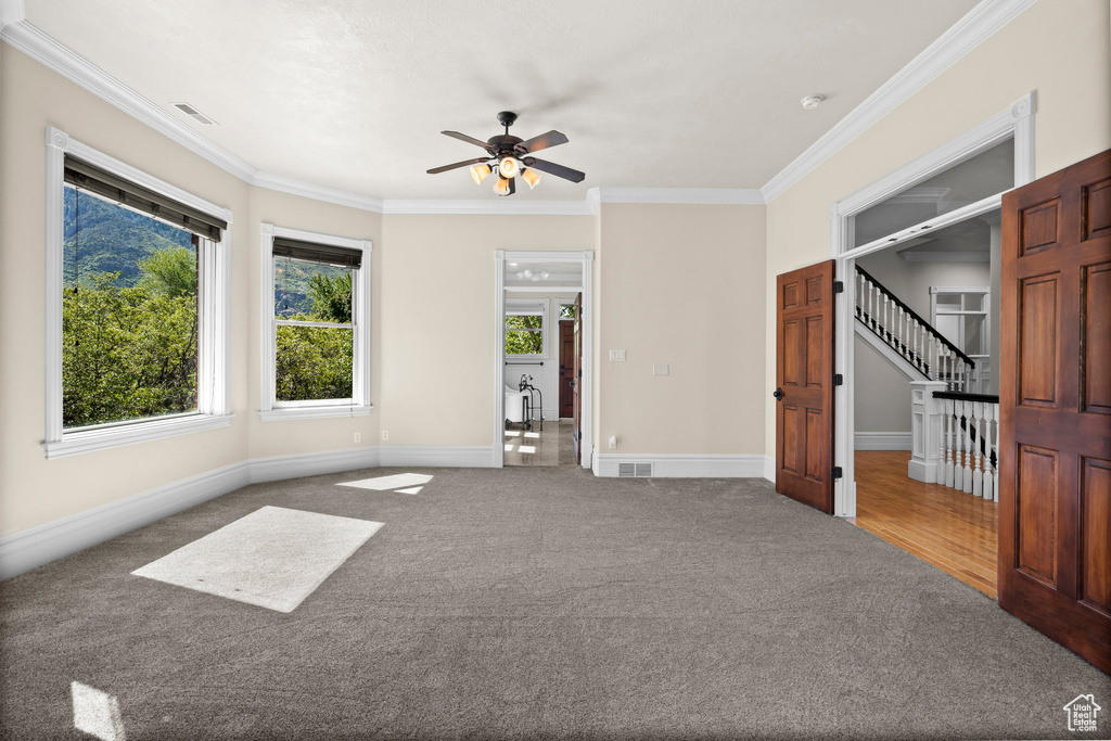Empty room with plenty of natural light, crown molding, a ceiling fan, carpet, and baseboards