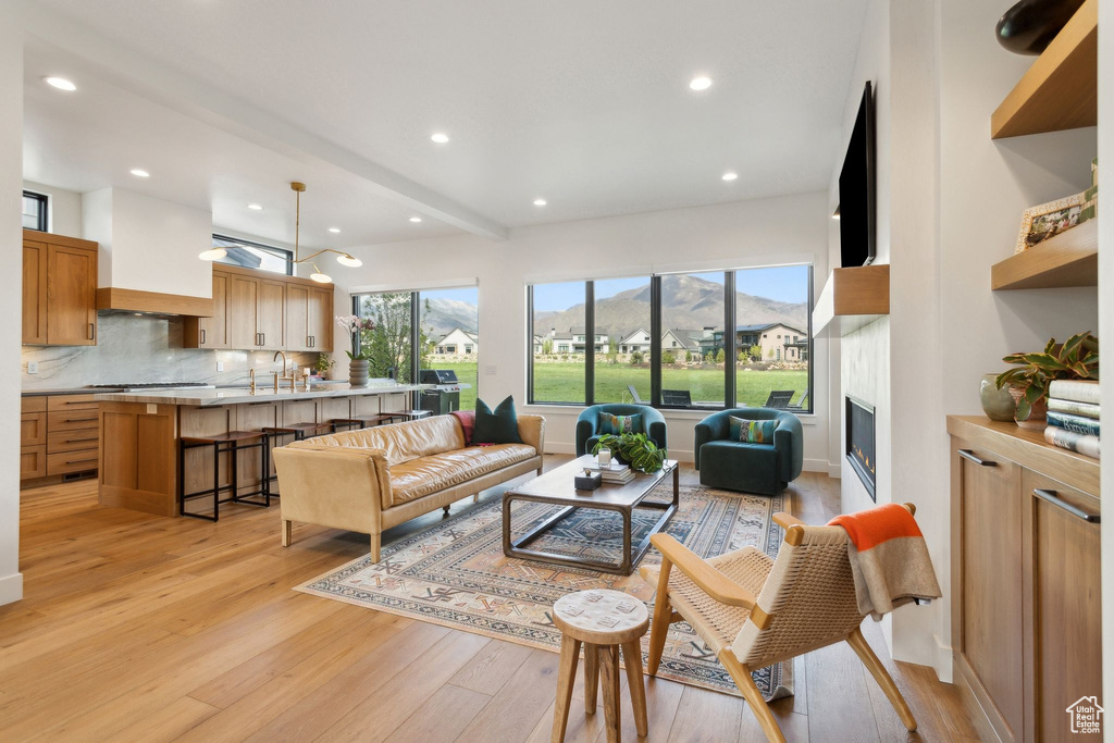 Living area featuring light wood-style floors, a glass covered fireplace, and recessed lighting