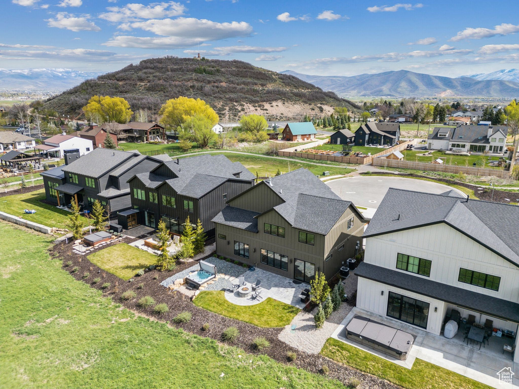 Aerial perspective of suburban area with mountains