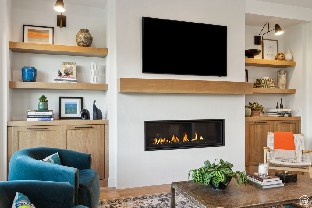 Living room featuring wood finished floors and a glass covered fireplace
