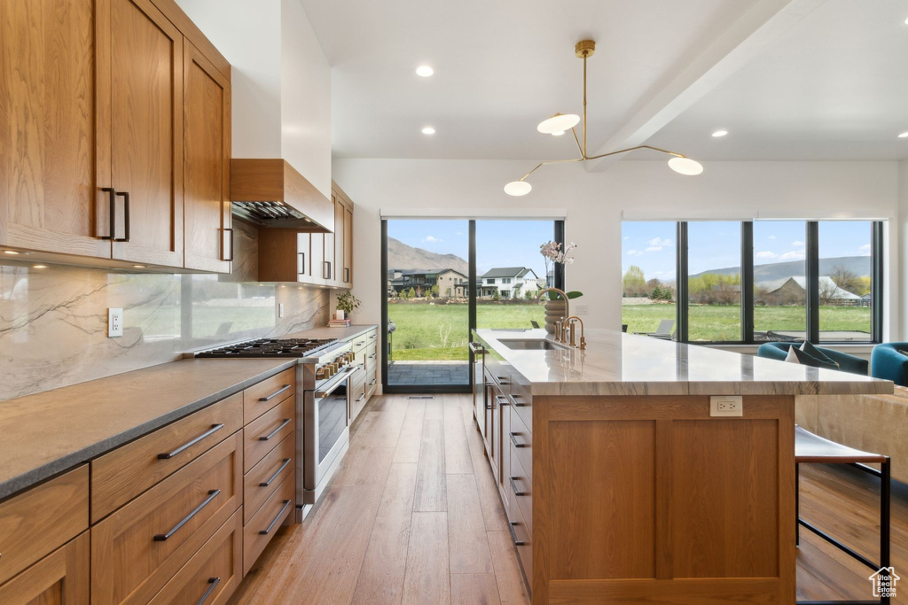 Kitchen featuring high end range, a sink, backsplash, light wood-style floors, and recessed lighting