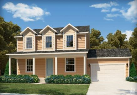 View of front of property featuring a garage, driveway, and a front yard