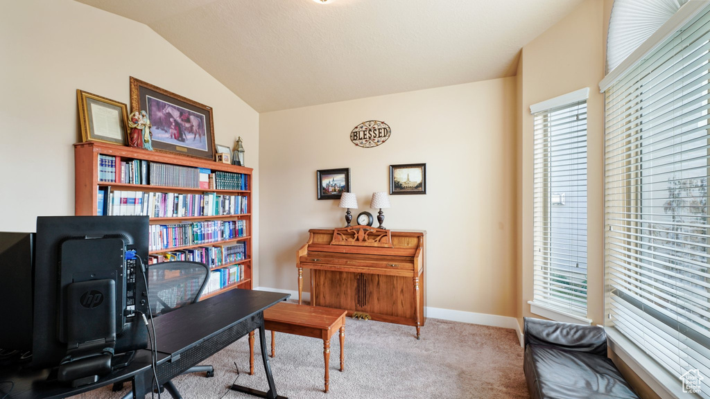 Carpeted office space featuring plenty of natural light, lofted ceiling, and baseboards