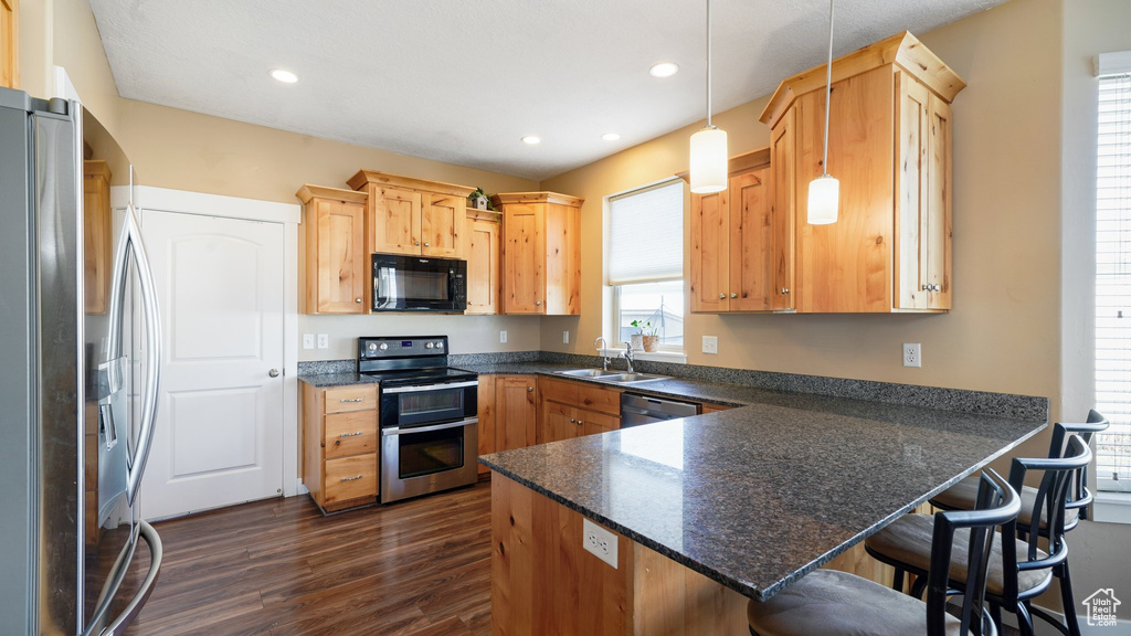 Kitchen featuring stainless steel appliances, a peninsula, a sink, dark wood-style flooring, and recessed lighting