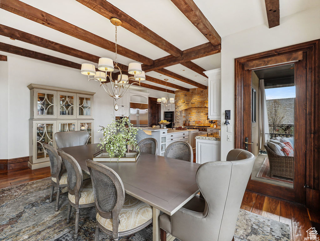 Dining area featuring baseboards, beam ceiling, a notable chandelier, and hardwood / wood-style flooring