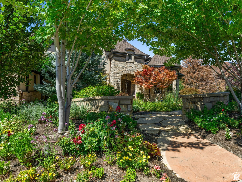 View of front facade with a shingled roof and stone siding