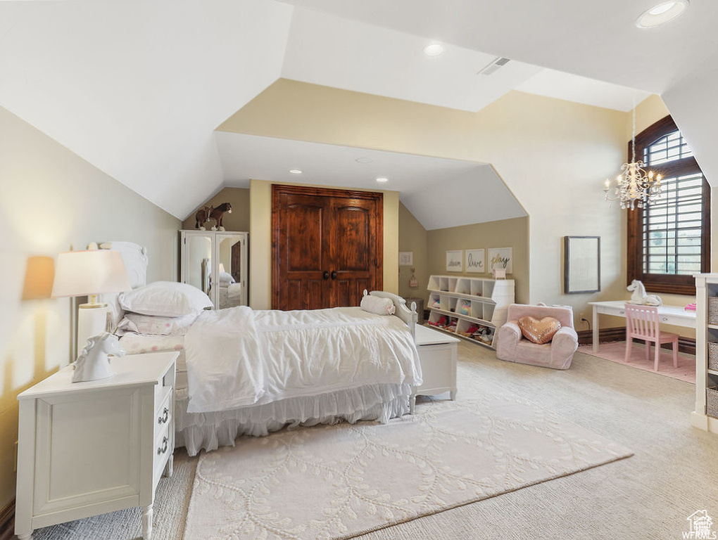 Bedroom featuring lofted ceiling, recessed lighting, a chandelier, visible vents, and light carpet