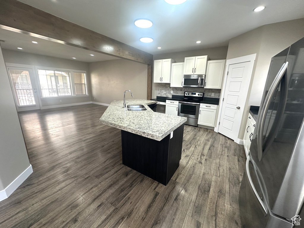 Kitchen featuring stainless steel appliances, a sink, baseboards, dark wood-style floors, and recessed lighting