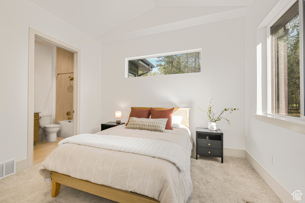 Carpeted bedroom featuring vaulted ceiling and connected bathroom