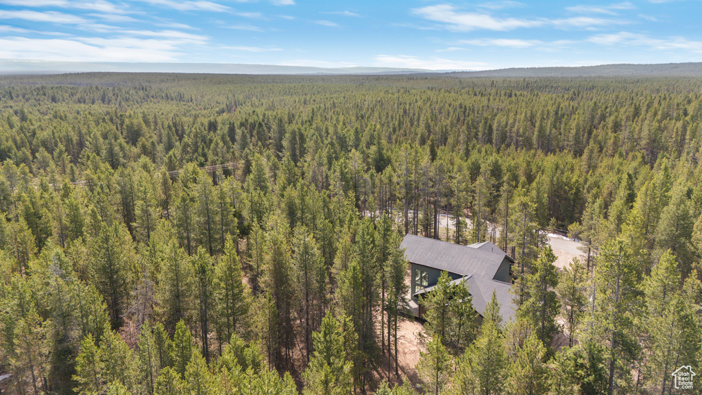 View from above of property with a forest
