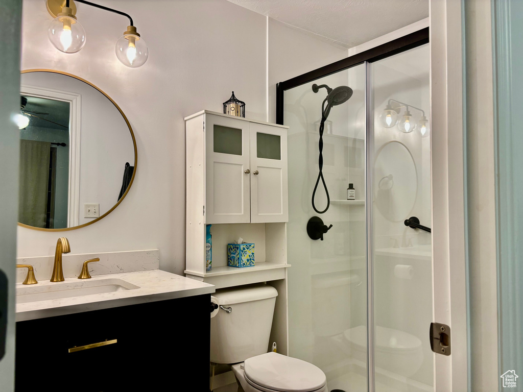 Bathroom featuring toilet, a shower stall, and vanity
