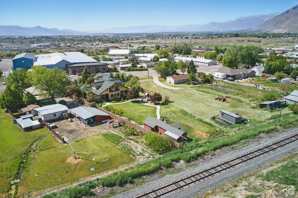 Aerial view of residential area with a mountainous background