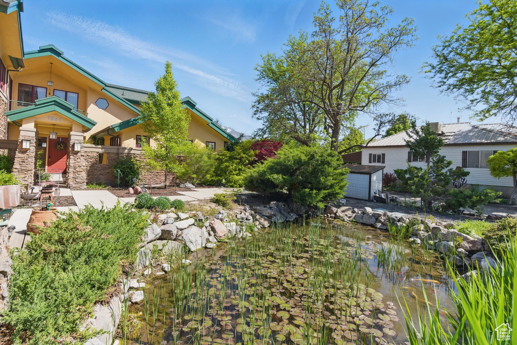 View of yard featuring a small pond