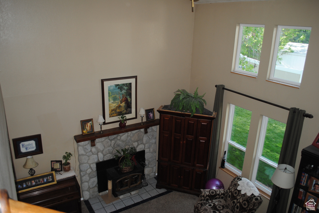 Living room featuring a wood stove