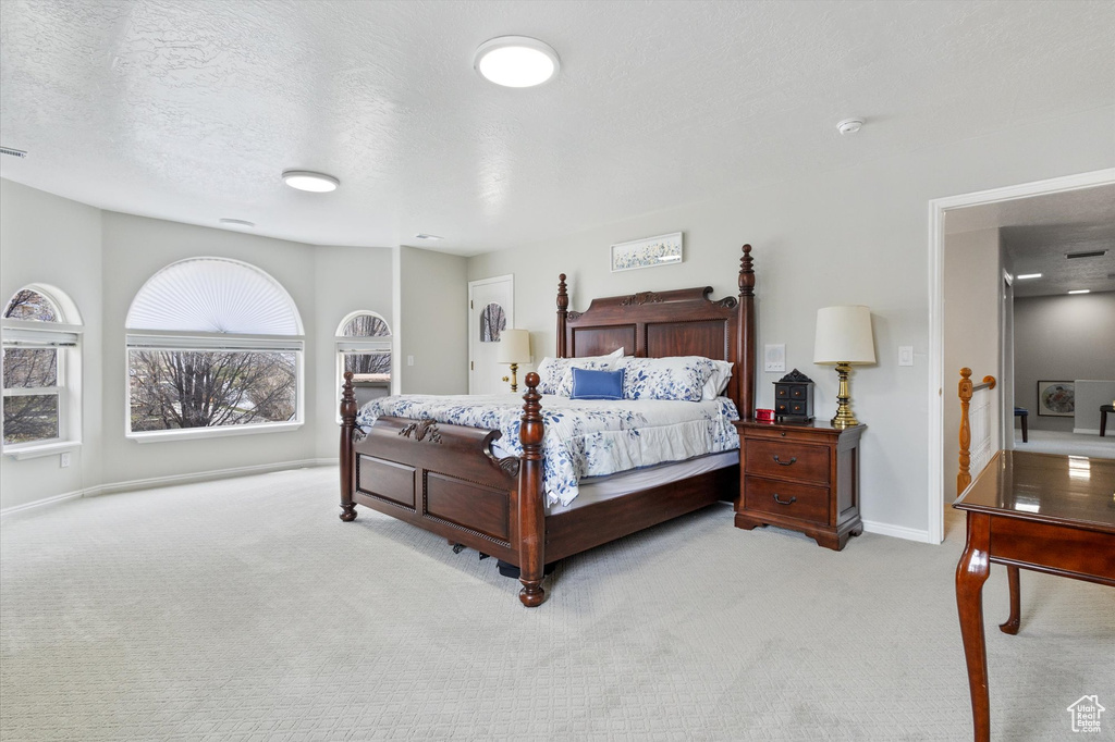 Bedroom with light carpet, baseboards, and a textured ceiling